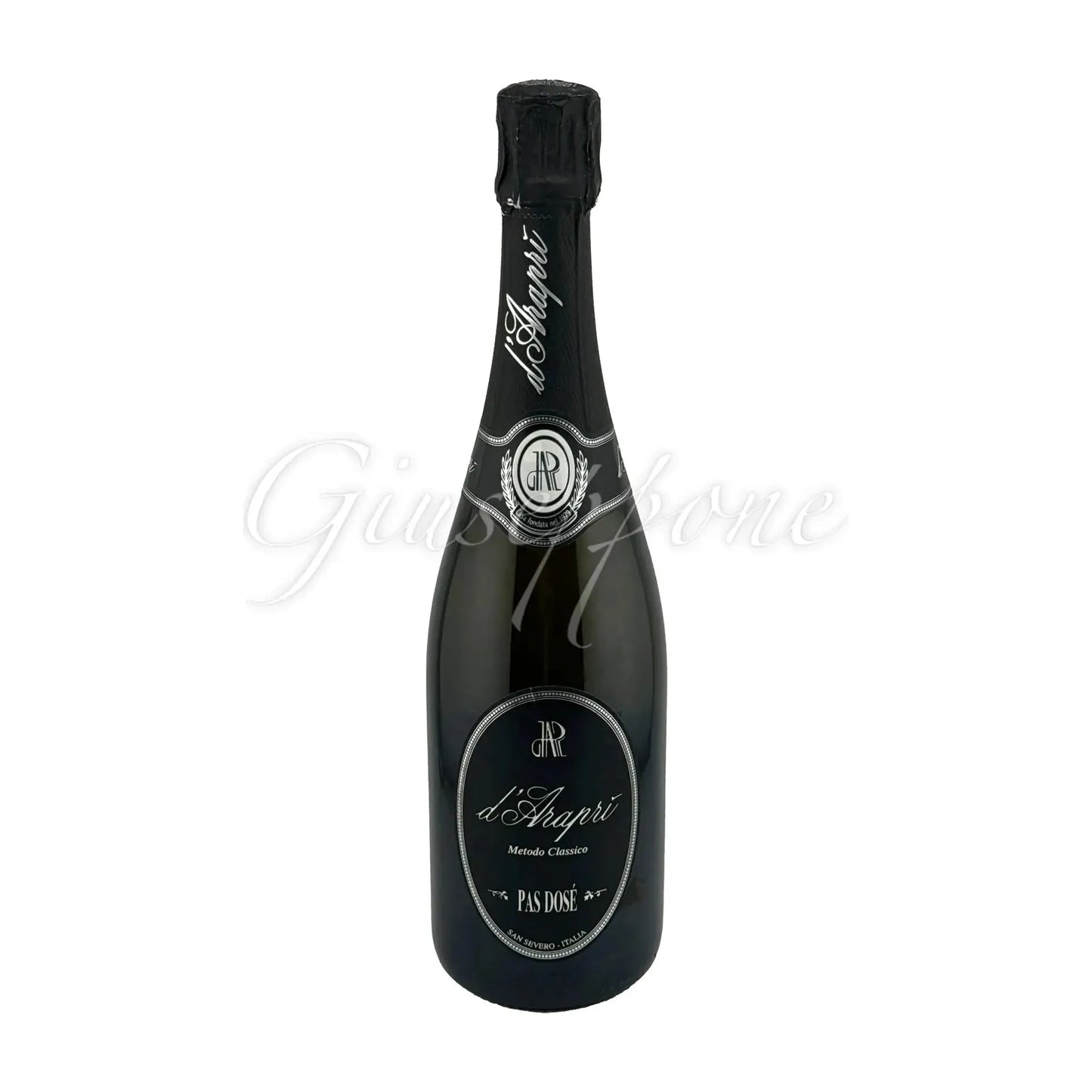 Bottle of Spumante Metodo Classico Pas Dosé D'Araprì, the driest sparkling wine with no added liquer d’expedition.