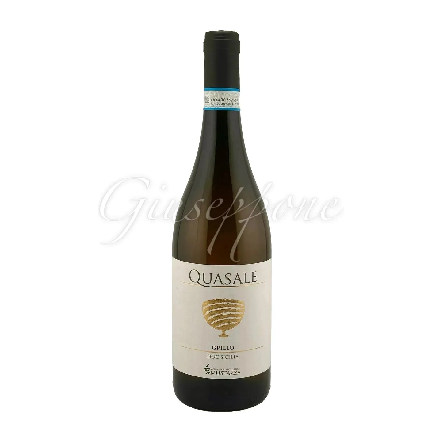 Bottle of Quasale Grillo DOC Azzienda Mustazza with a white label and gold emblem.