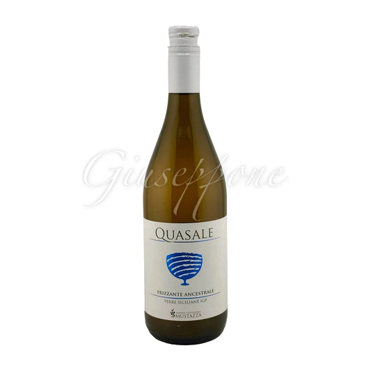 Quasale Ancestrale Frizzante 2021 white wine bottle from Azienda Mustazza with blue and white label.