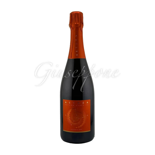 Bottle of Spumante Di Altissima Qualità Metodo Classico Orange Astrea 2015 wine with orange label and foil, showcasing luxury sparkling wine.