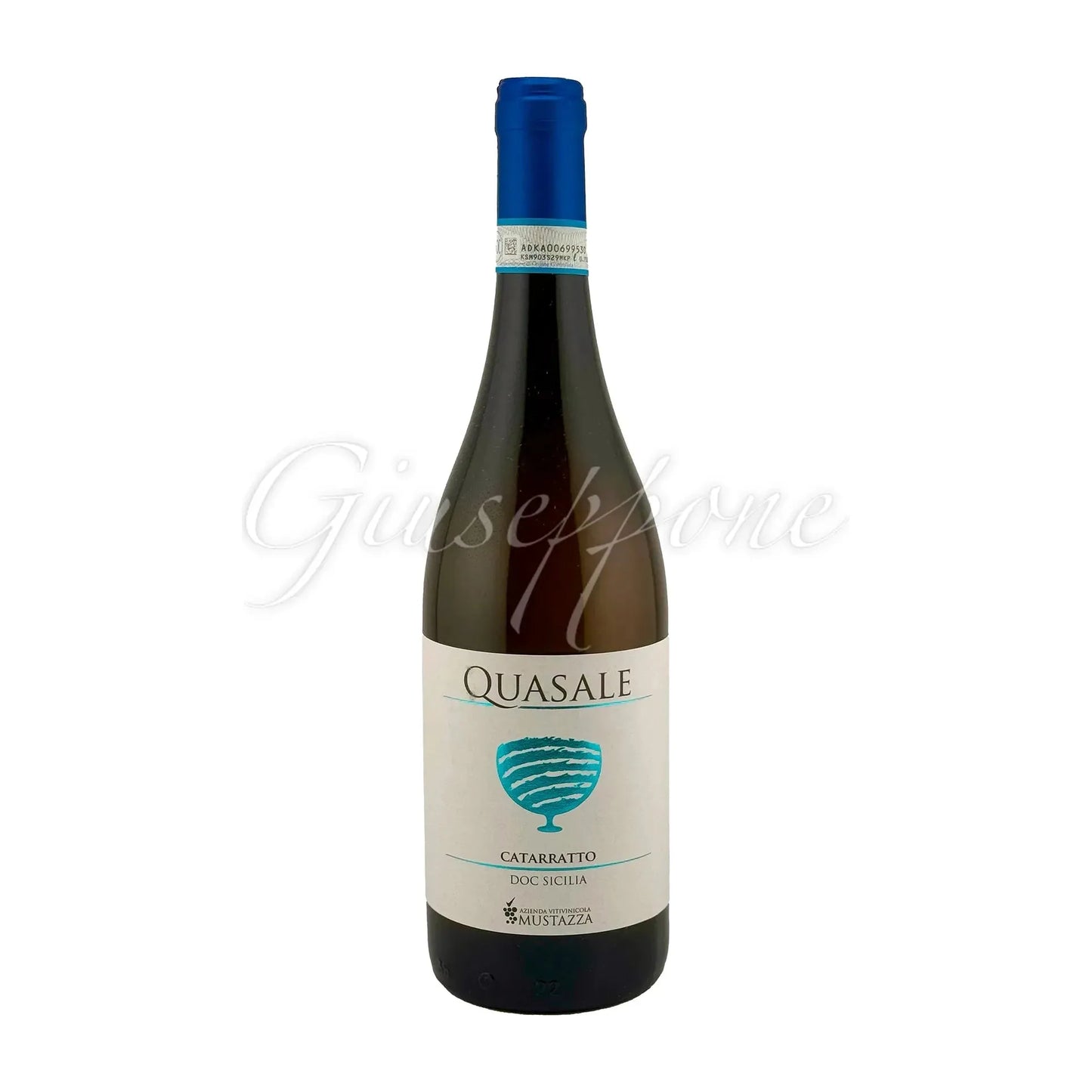 Quasale Catarratto Azienda Mustazza wine bottle with blue cap and white label, featuring elegant design and vineyard logo.