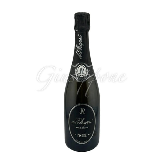 Bottle of Spumante Metodo Classico Pas Dosé D'Araprì, the driest sparkling wine with no added liquer d’expedition.