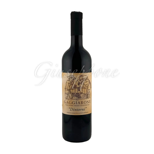 Bottle of Gaggiarone Dintorni 2020 red wine with beige label displaying vintage artwork, produced by Annibale Alziat.