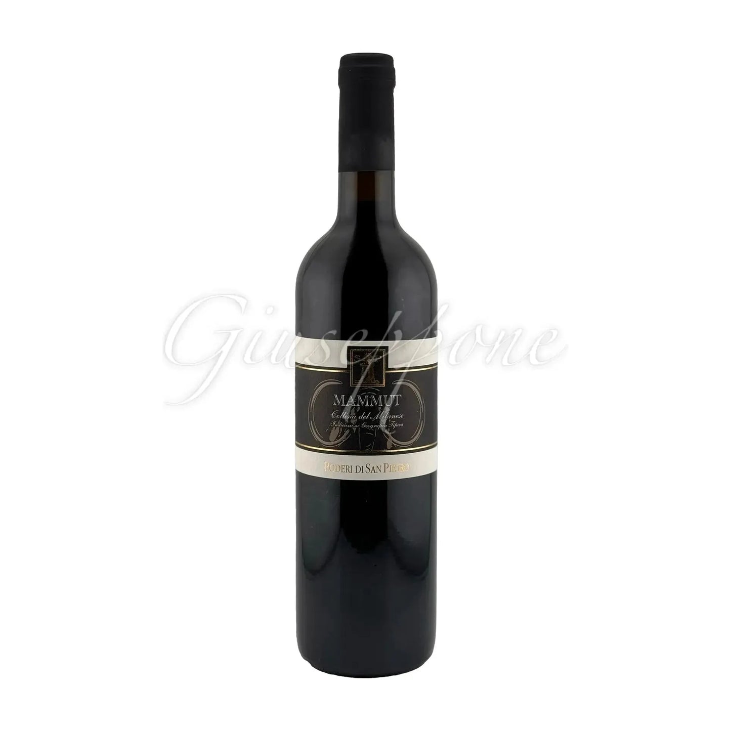 Bottle of Mammut Poderi San Pietro red wine with intense ruby color and balanced tannic notes of pepper, spices, and ripe red fruit.