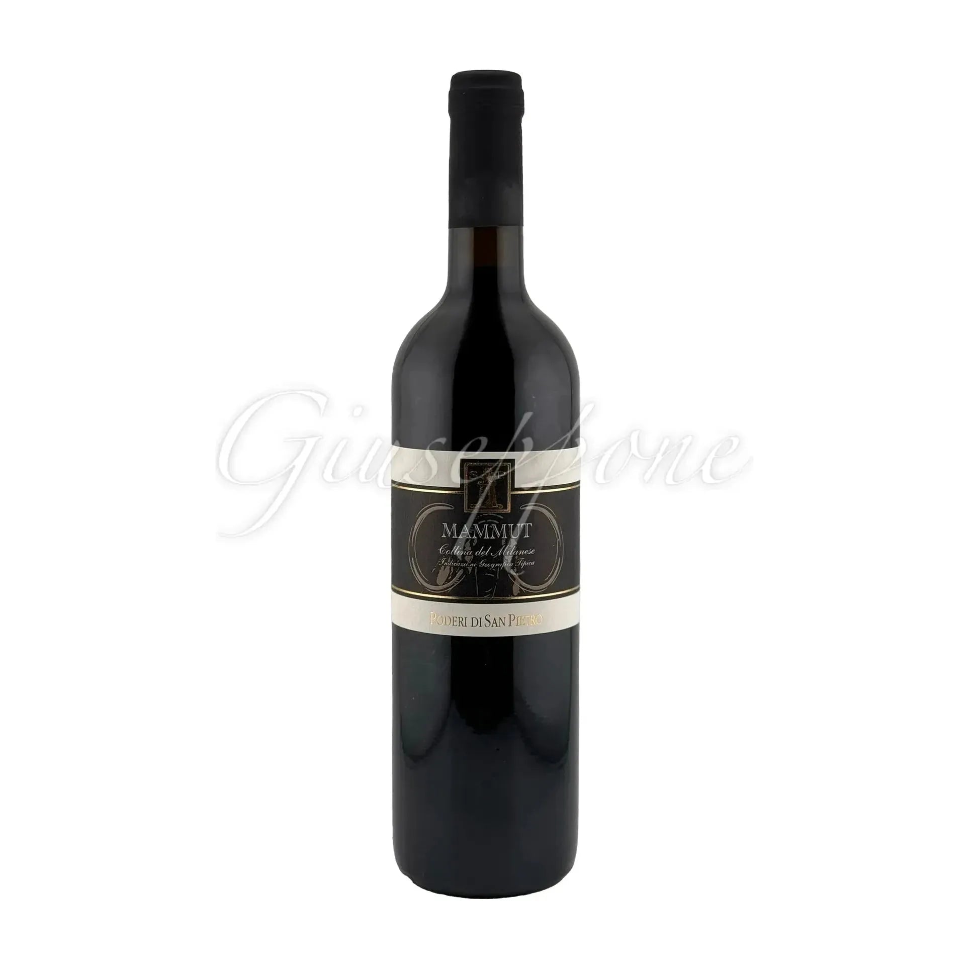 Bottle of Mammut Poderi San Pietro red wine with intense ruby color and balanced tannic notes of pepper, spices, and ripe red fruit.