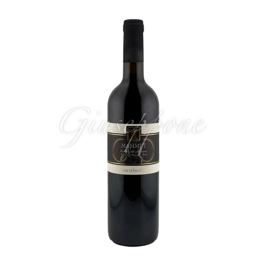 Bottle of Mammut Poderi San Pietro red wine with intense ruby color and balanced tannic notes of pepper, spices, and ripe red fruit.