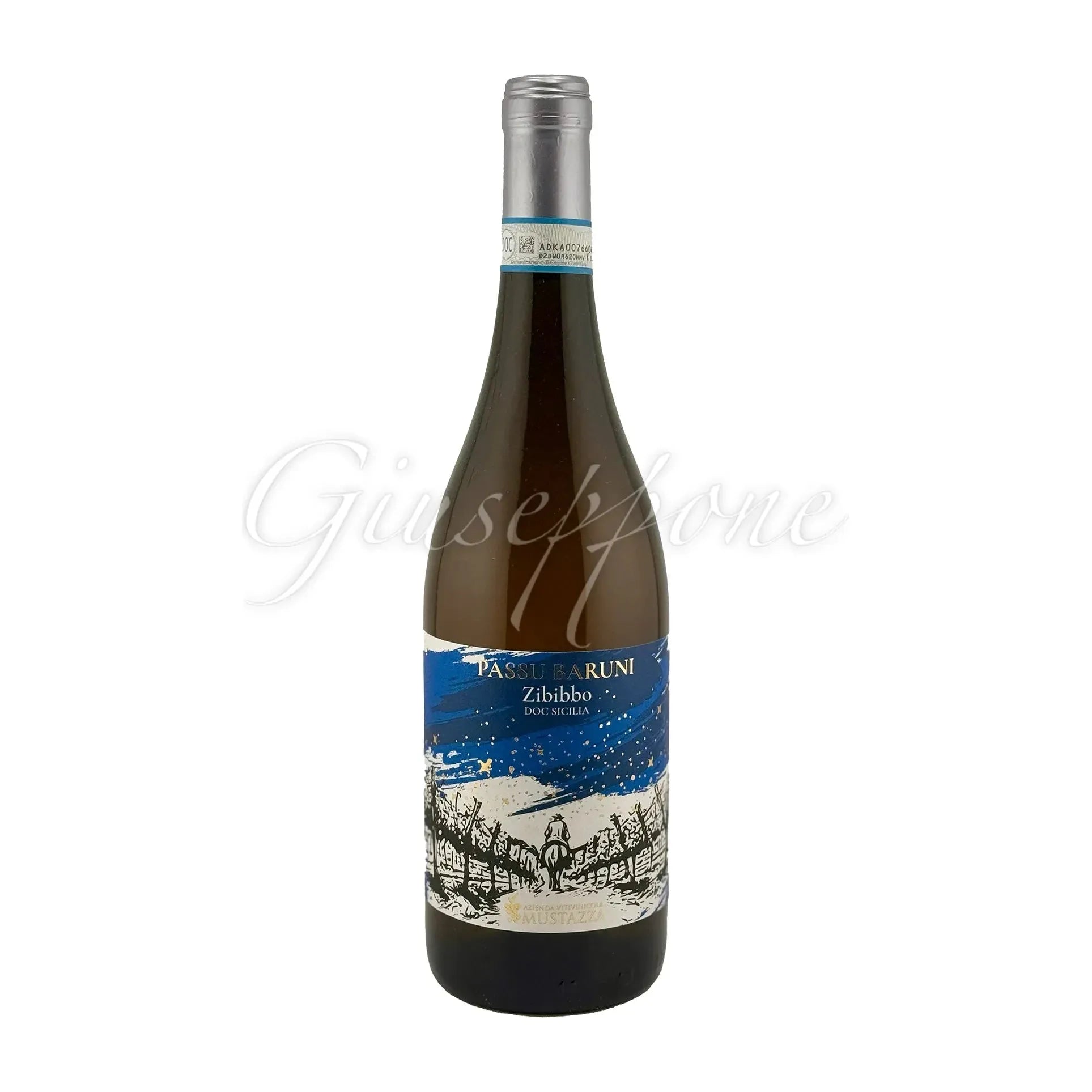 Bottle of Zibibbo Azienda Mustazza white wine, featuring a blue and white illustrated label.