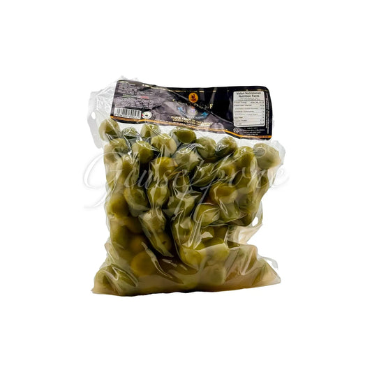 500g bag of Olive Verdi Intere In Salamoia, packed Nocellara del Belice green olives with D.O.P. recognition, transparent packaging